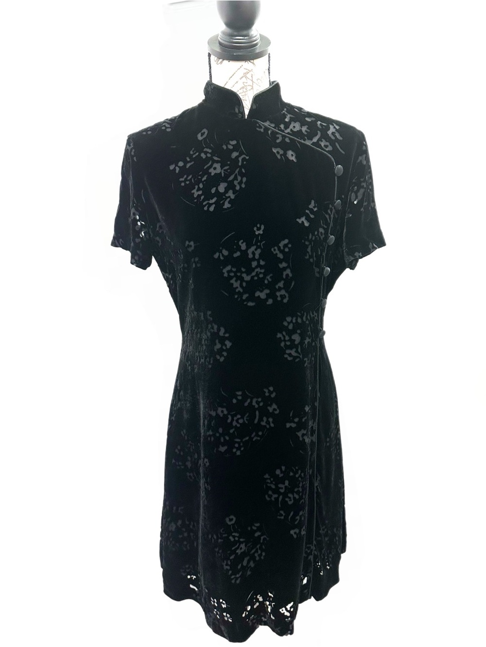 Vtg Evan Picone Black Velvet Mandarin Burnout Floral Dress Circa 1990/Y2K Sz 8
